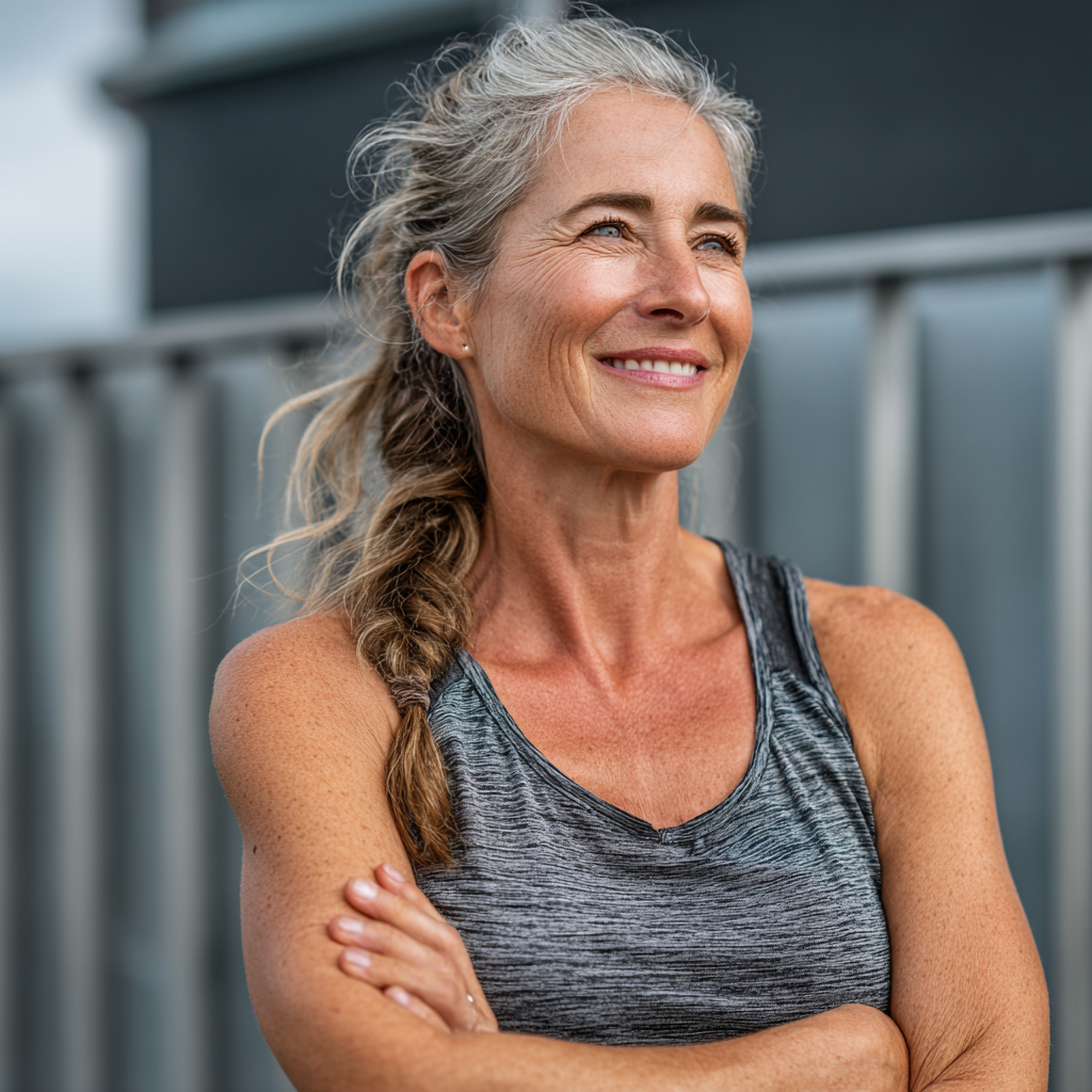 Confident mature woman in athletic wear smiling during outdoor fitness training session, representing active lifestyle for people in their forties and fifties