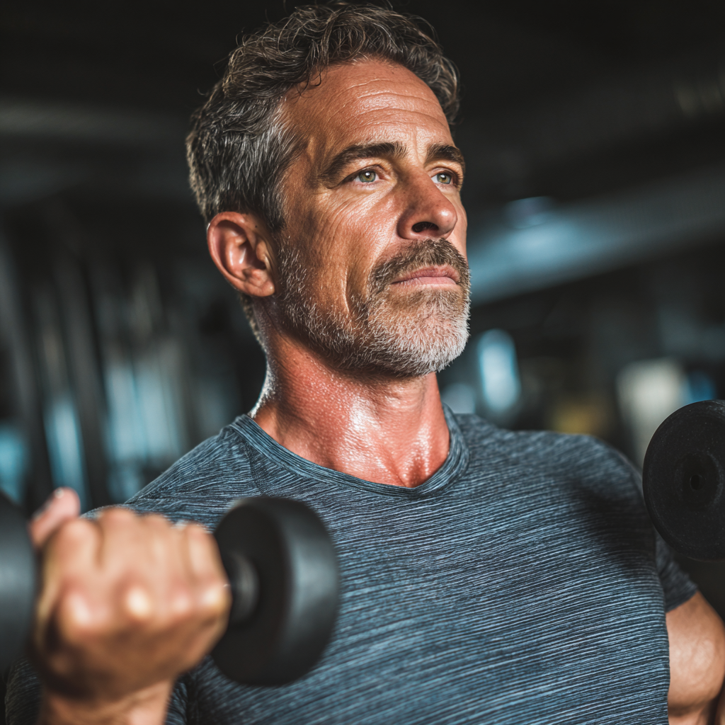 Mature athletic man in his fifties performing strength training exercise with proper form in modern fitness facility, demonstrating safe and effective workout technique